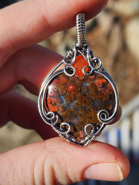 Indonesian Moss Agate Heart Wire Wrapped Pendant