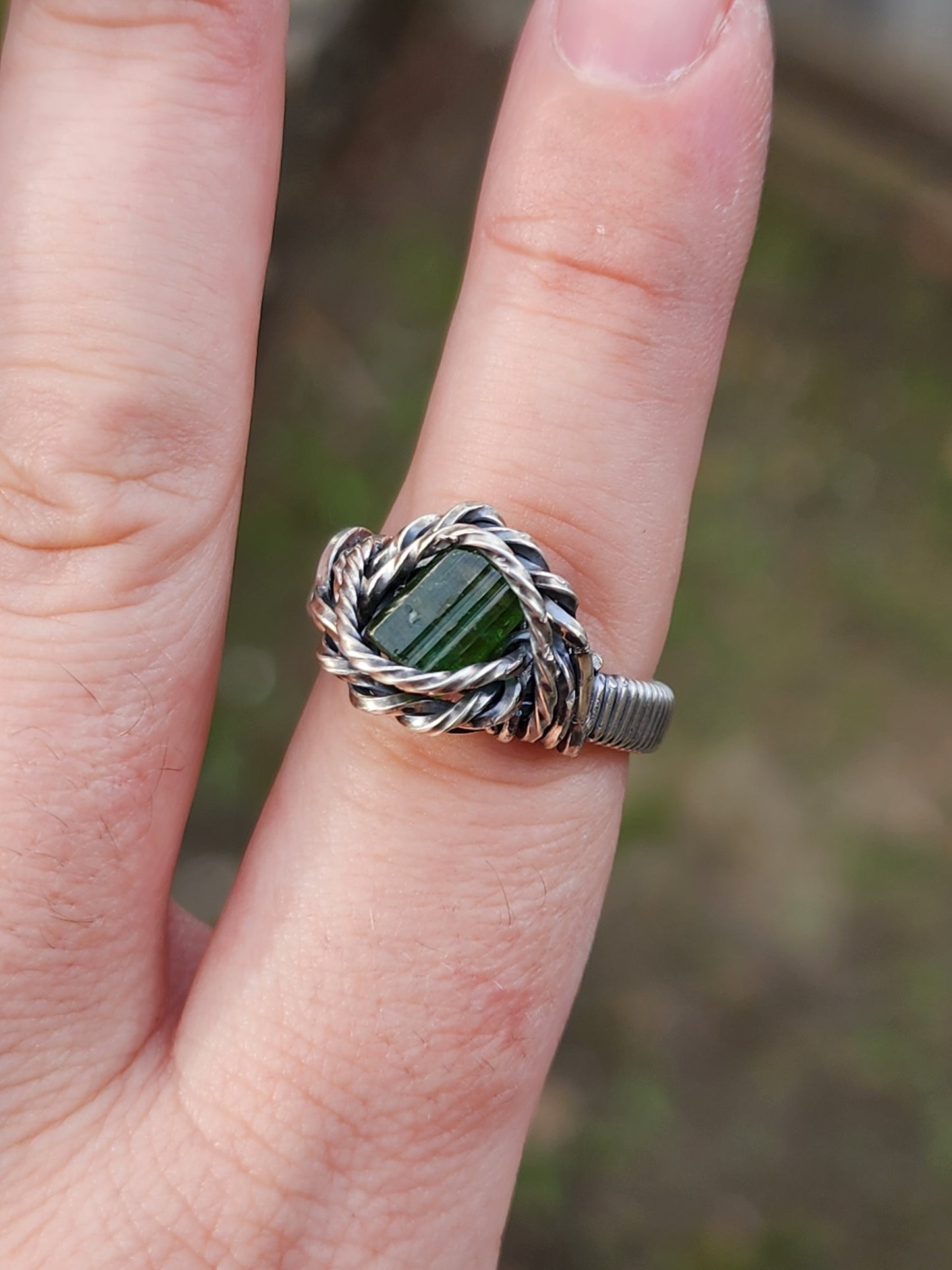 Green tourmaline Wire Wrapped Ring