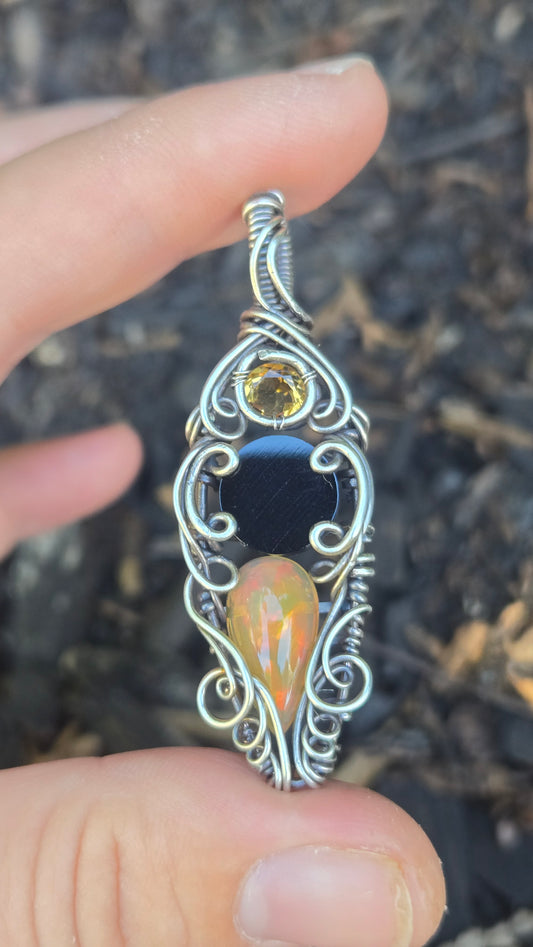Mini scrying mirror wire-wrapped pendant