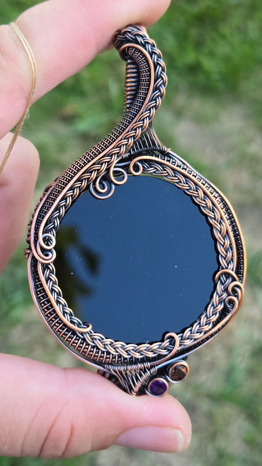 Scrying mirror wire-wrapped pendant