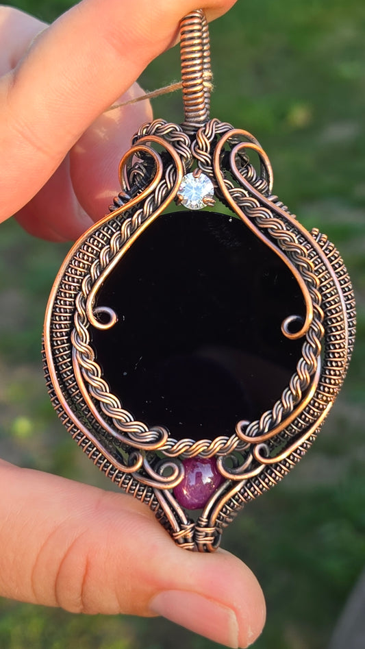 Scrying mirror wire-wrapped pendant