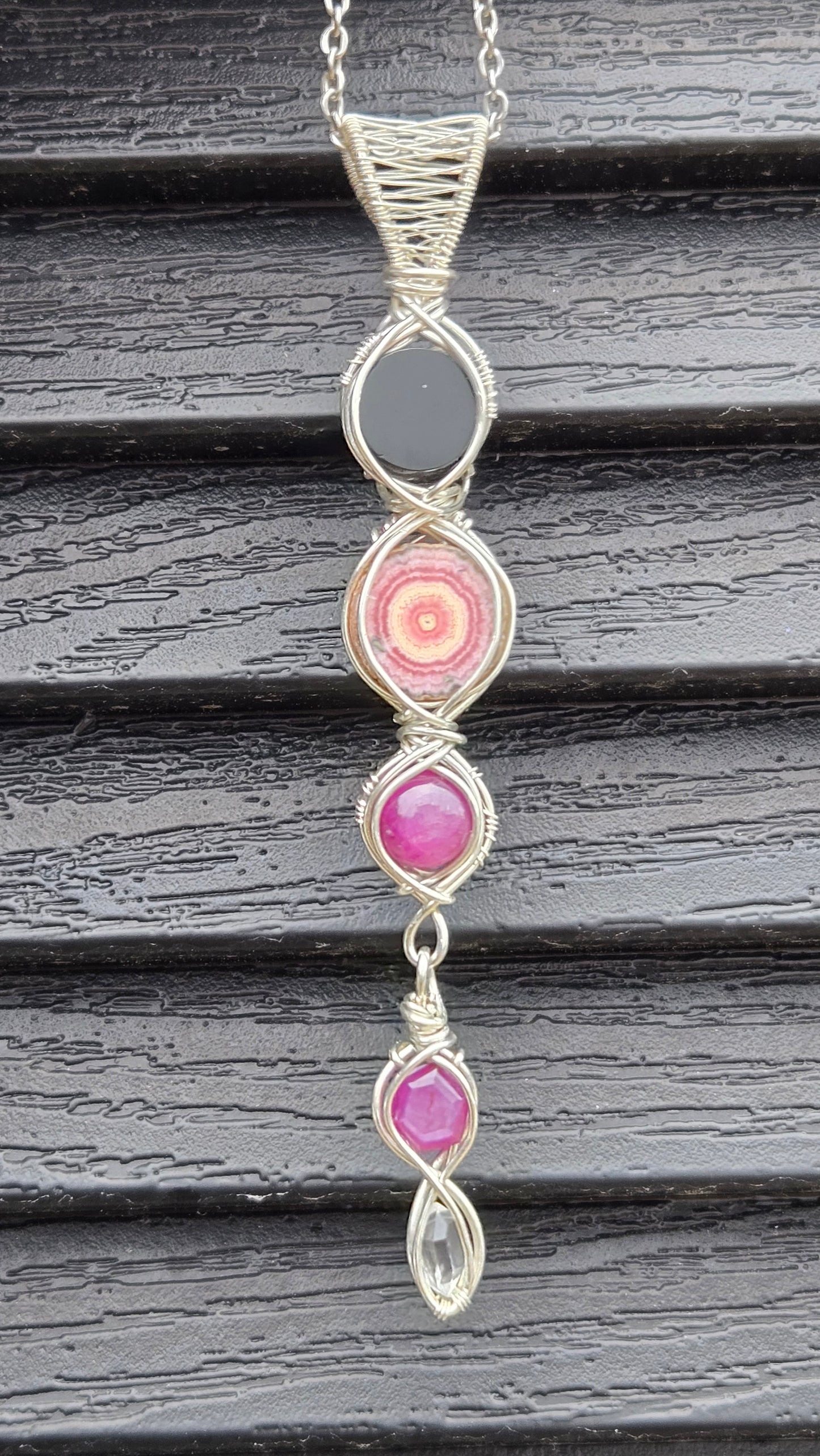 Mini scrying mirror wire-wrapped pendant