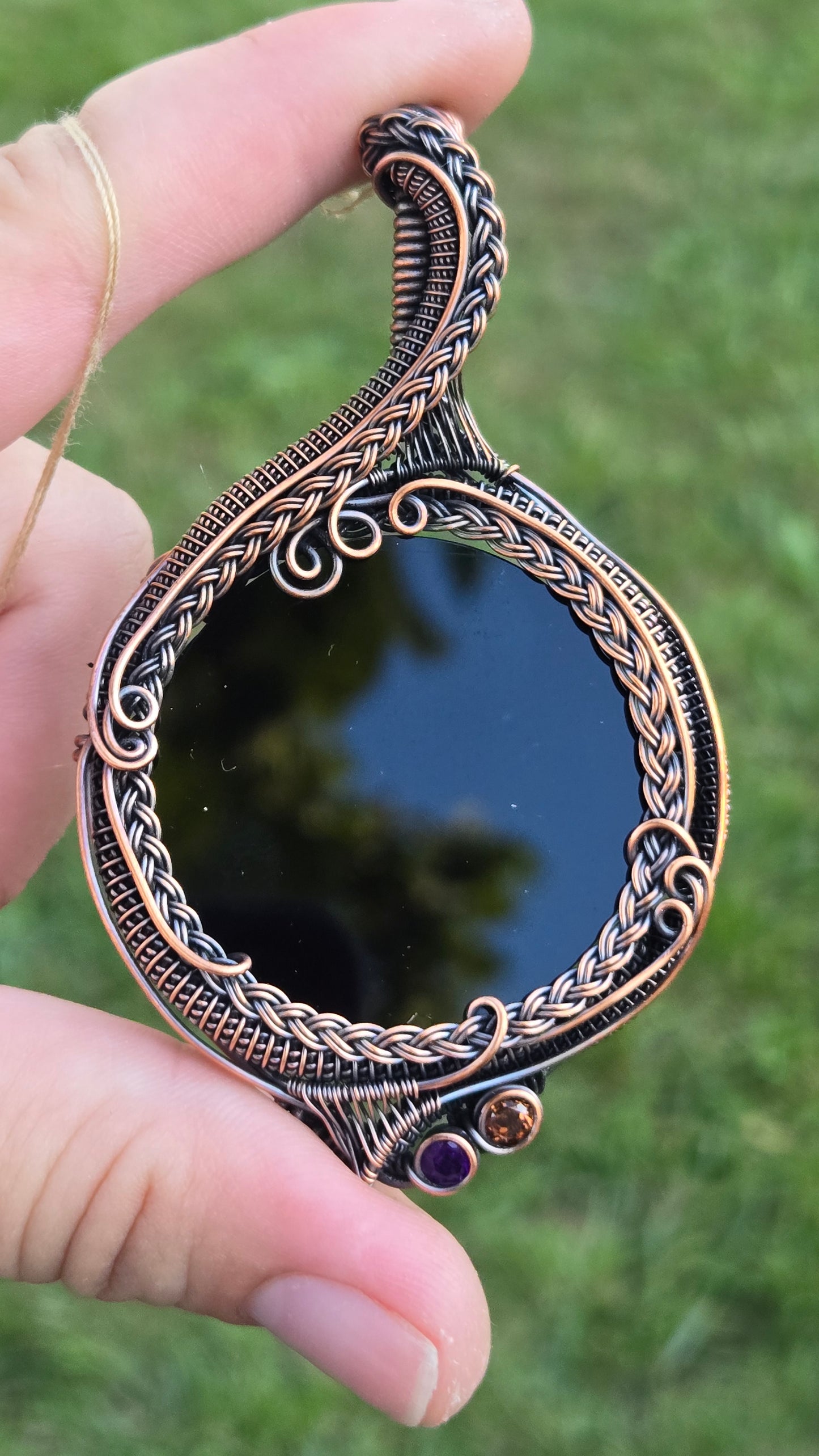 Scrying mirror wire-wrapped pendant