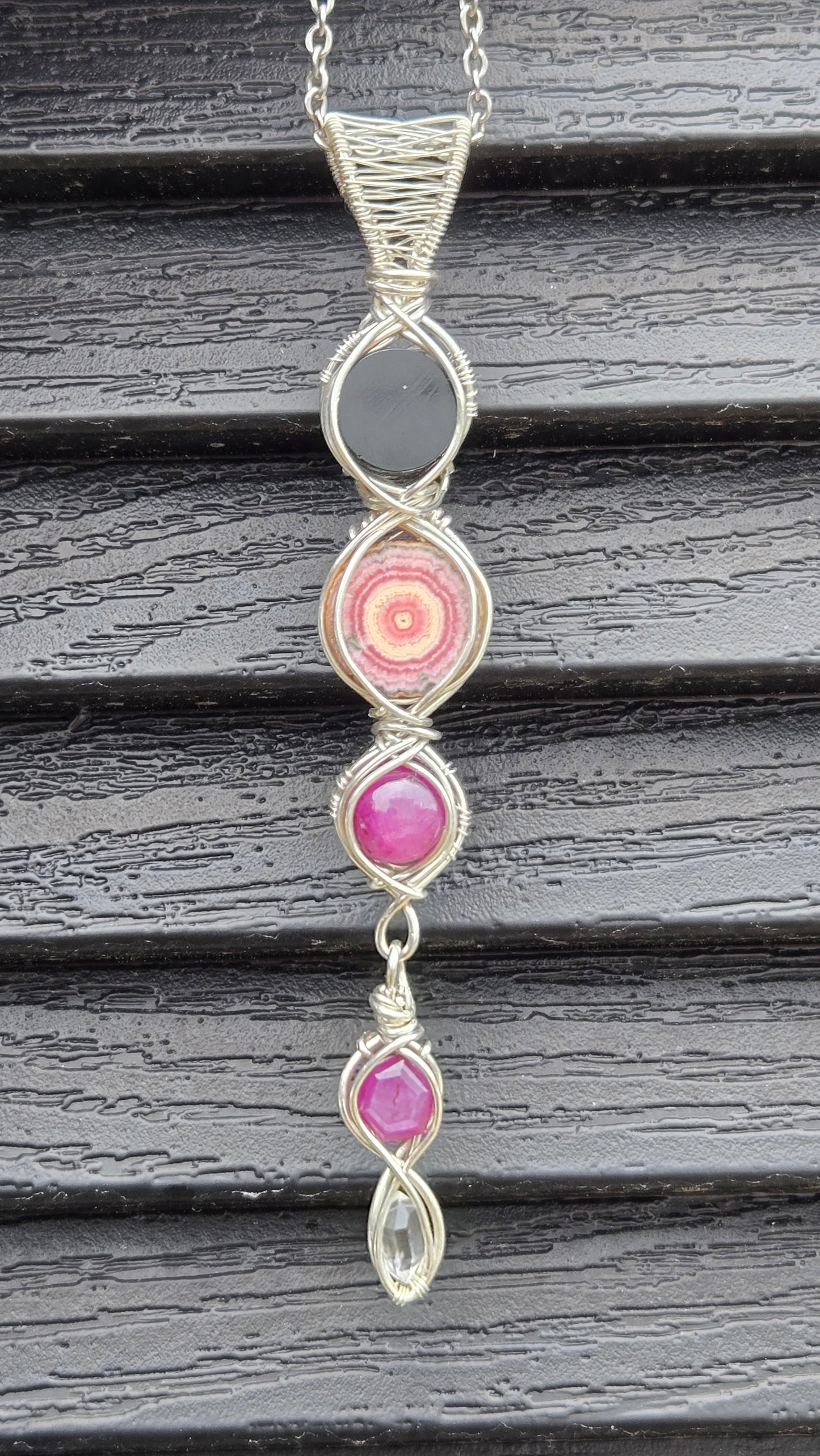 Mini scrying mirror wire-wrapped pendant