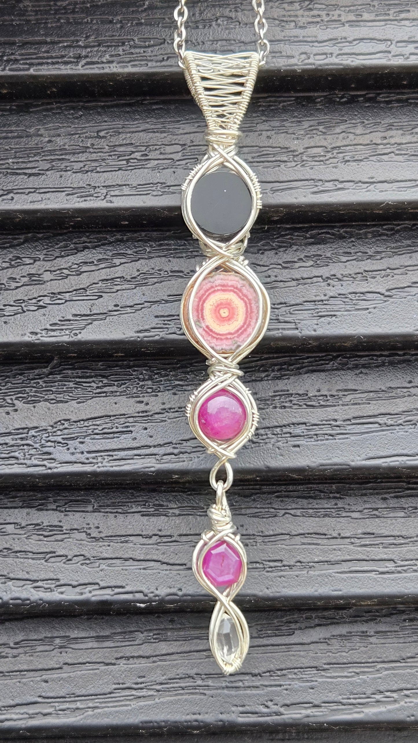 Mini scrying mirror wire-wrapped pendant