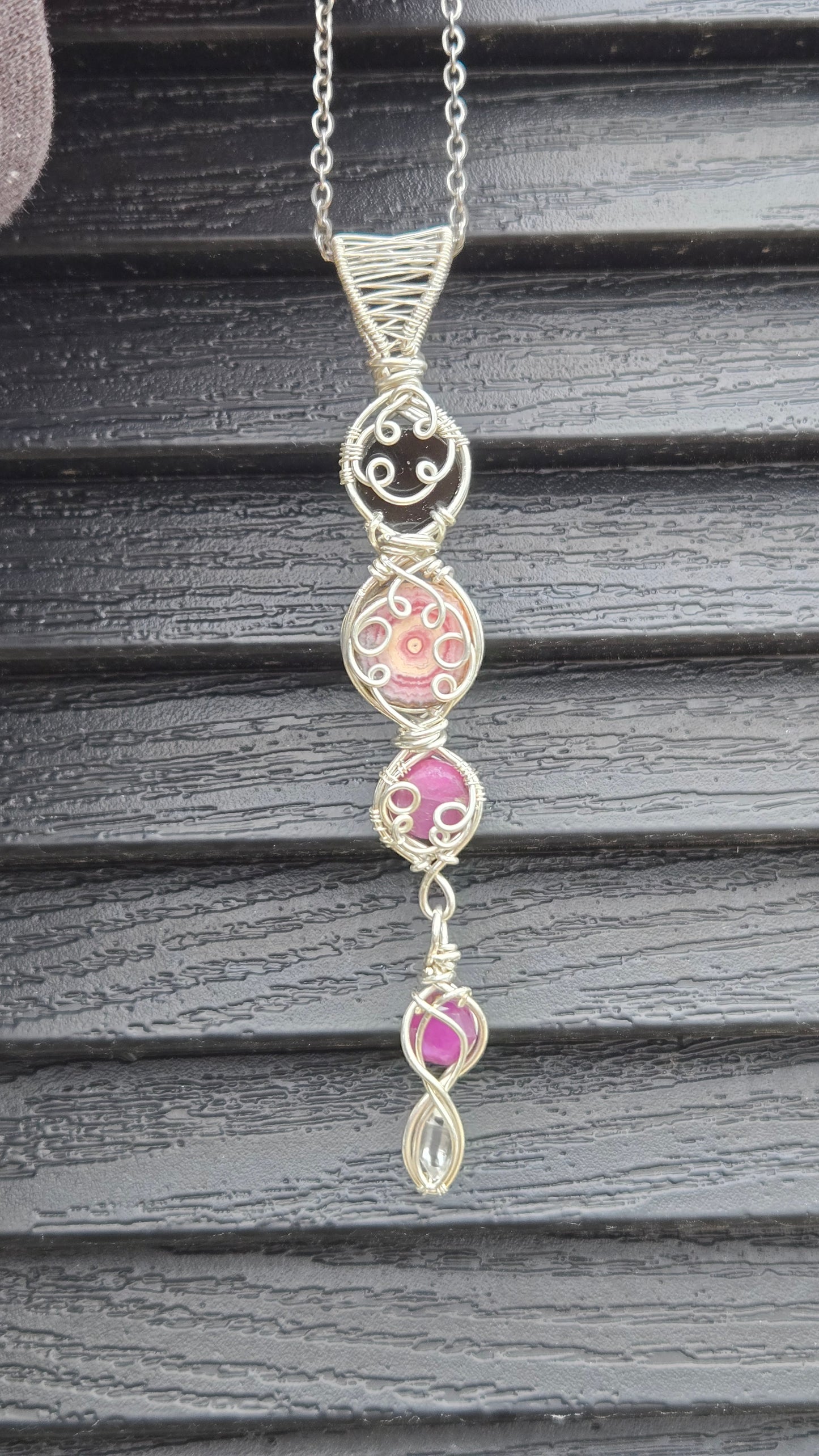 Mini scrying mirror wire-wrapped pendant