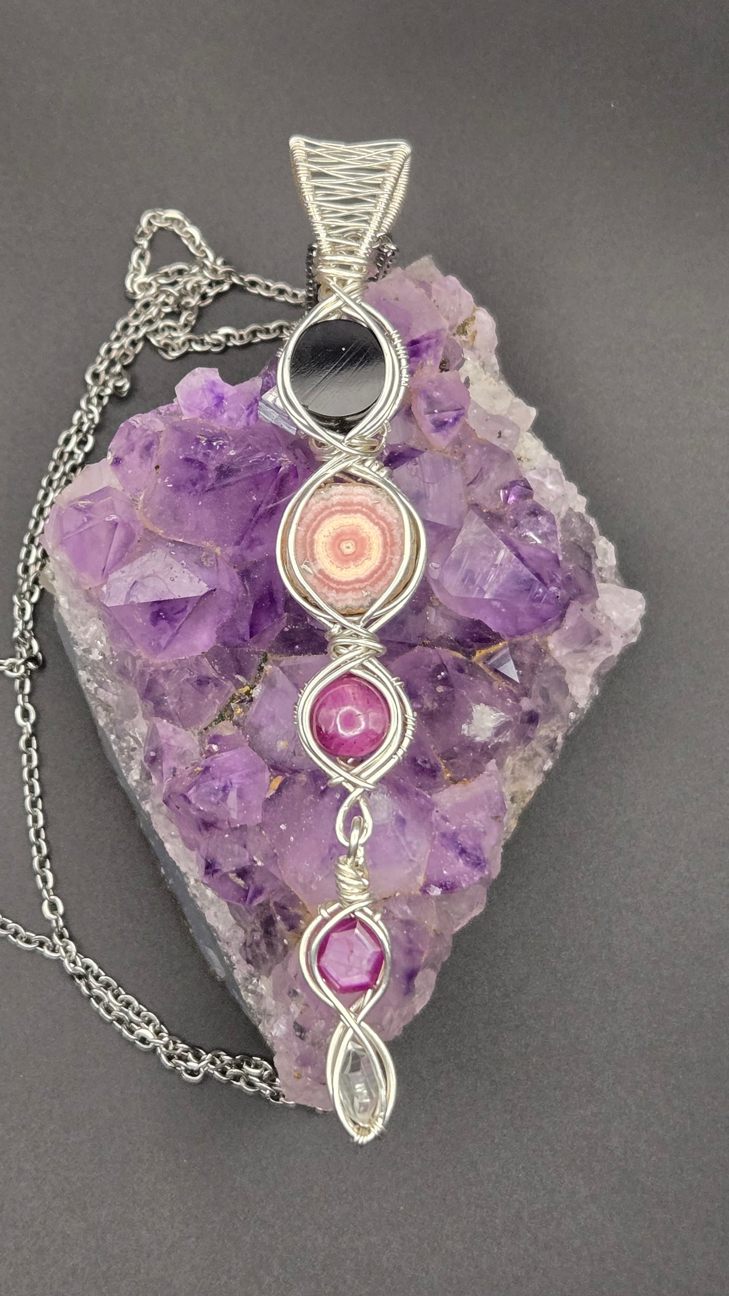 Mini scrying mirror wire-wrapped pendant