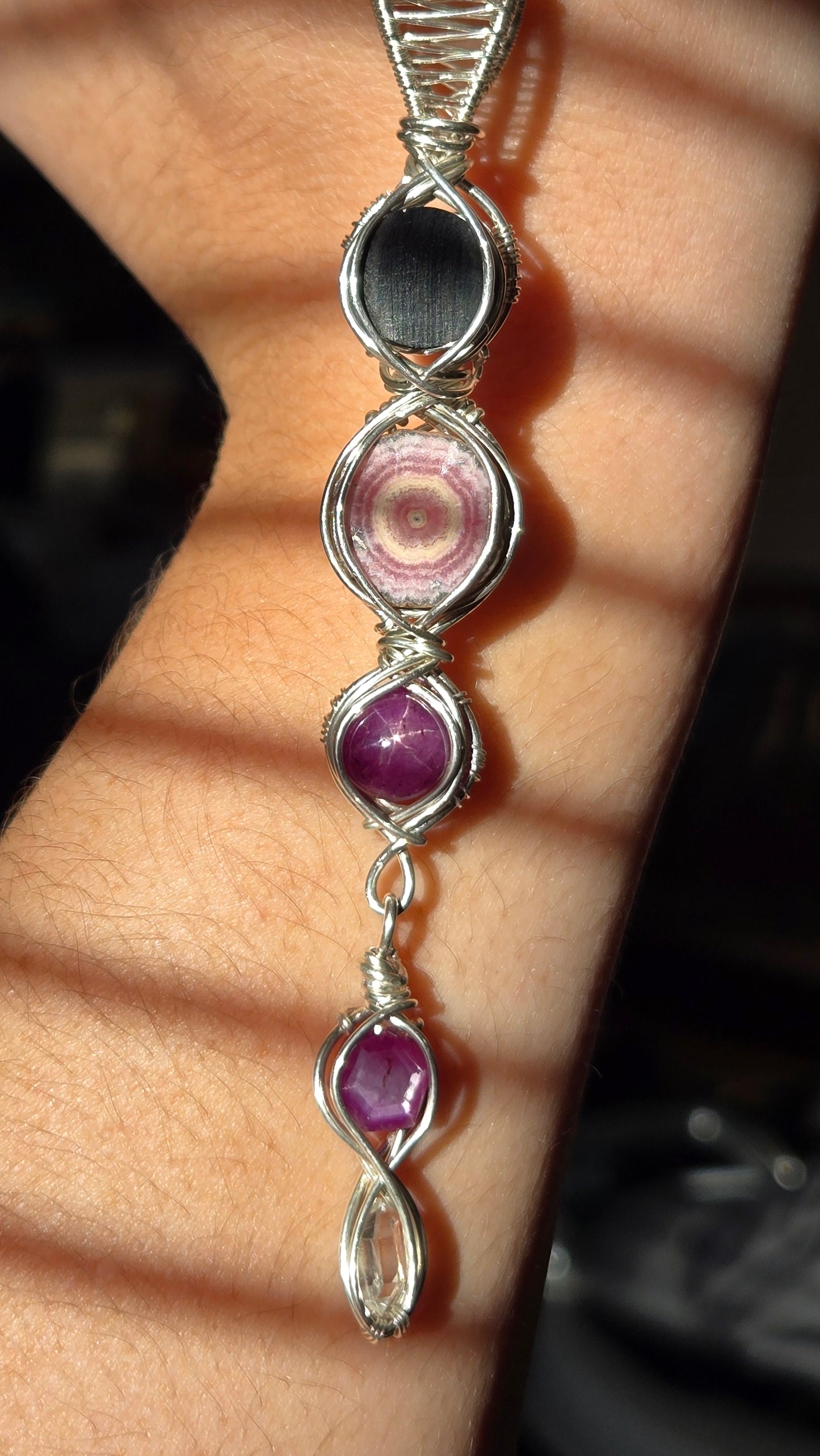 Mini scrying mirror wire-wrapped pendant