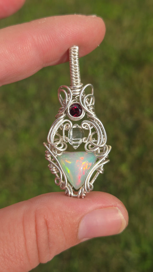 Opal, Zircon and Herkimer diamond Wire Wrapped Pendant