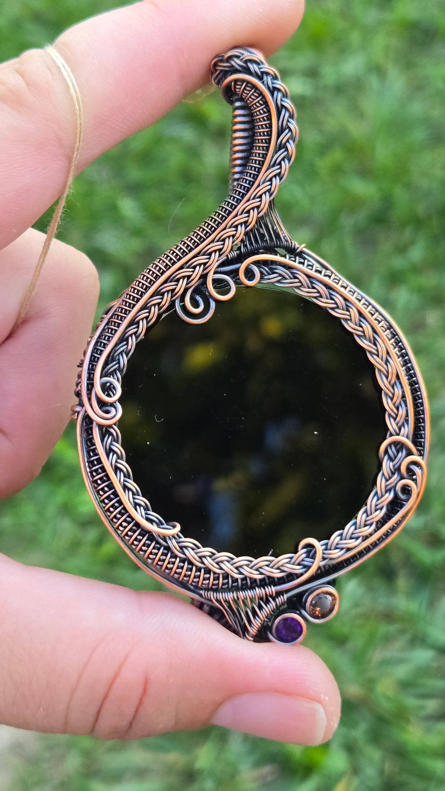 Scrying mirror wire-wrapped pendant