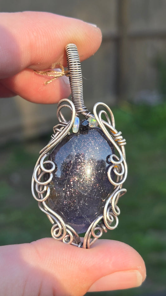 Iolite Sunstone Wire Wrapped Pendant