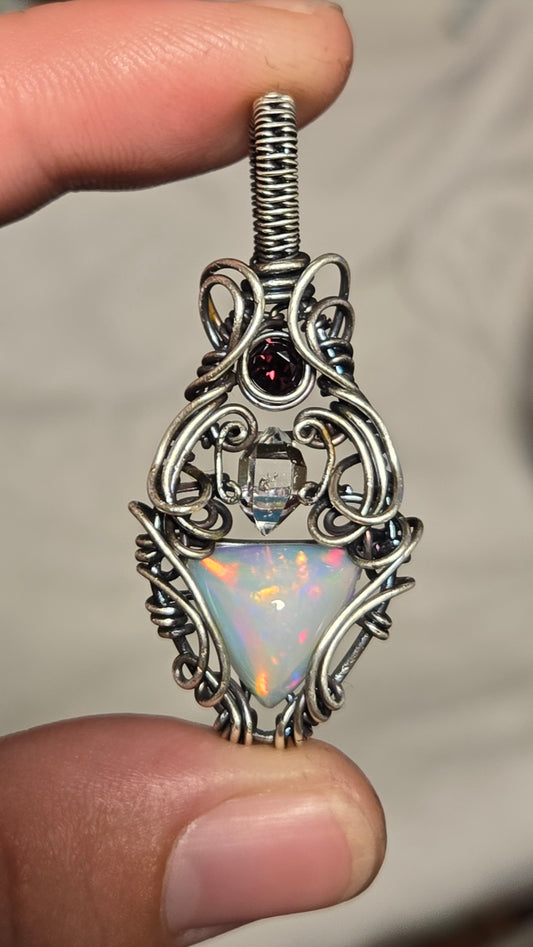 Opal, Zircon and Herkimer diamond Wire Wrapped Pendant