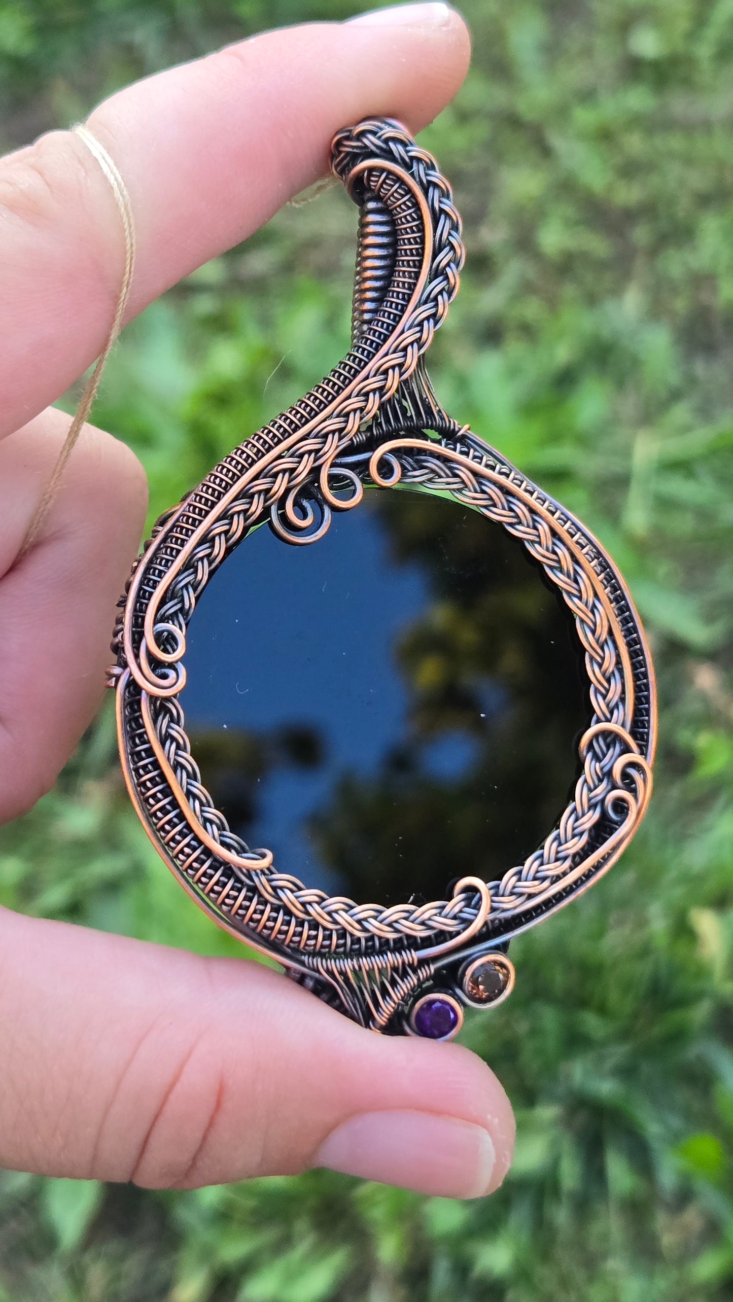 Scrying mirror wire-wrapped pendant