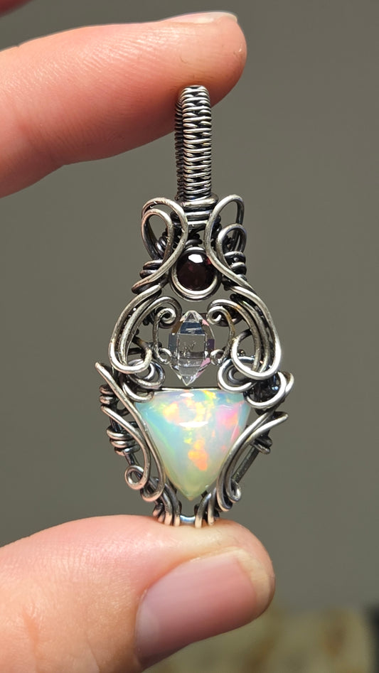 Opal, Zircon and Herkimer diamond Wire Wrapped Pendant