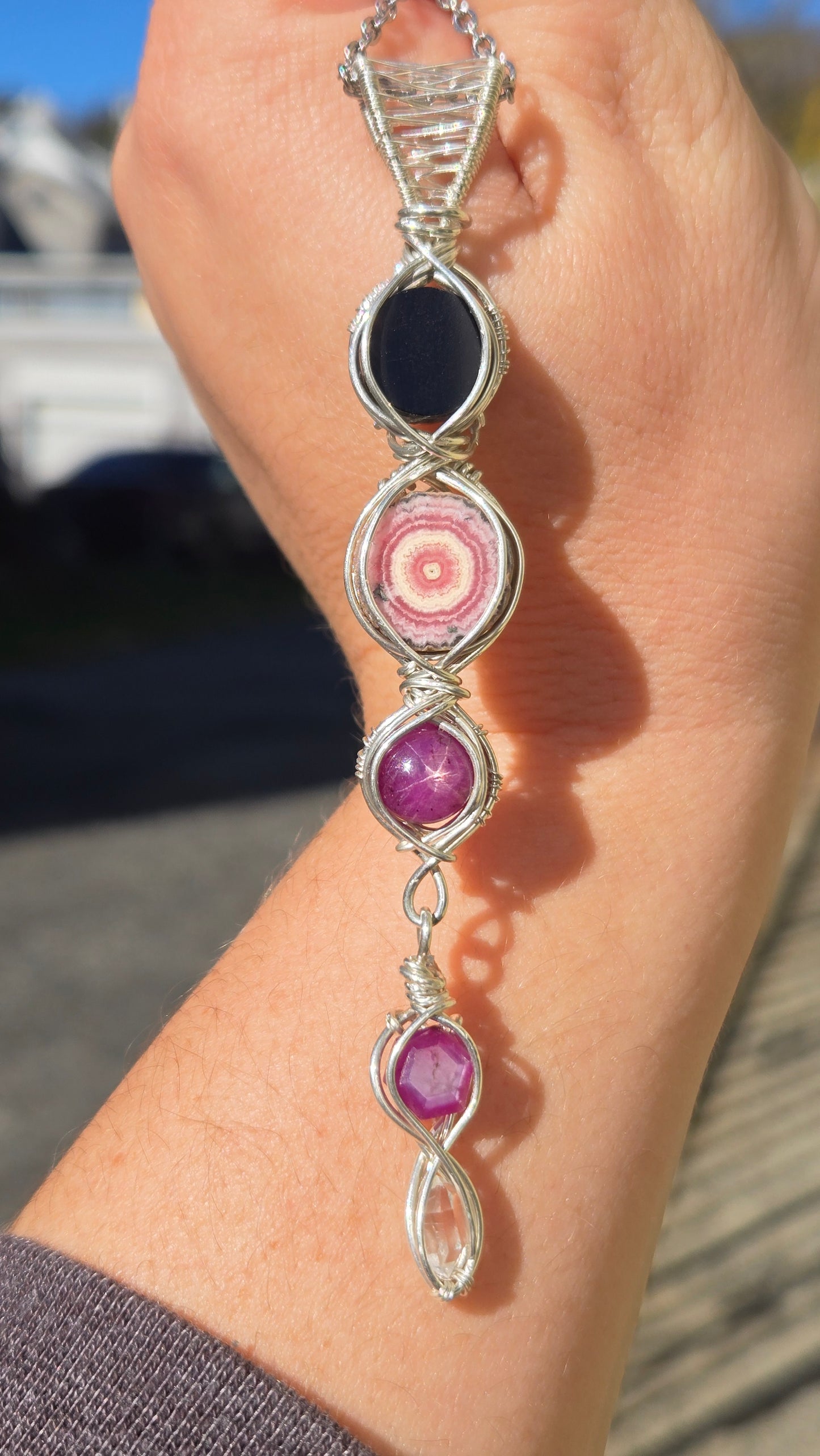 Mini scrying mirror wire-wrapped pendant