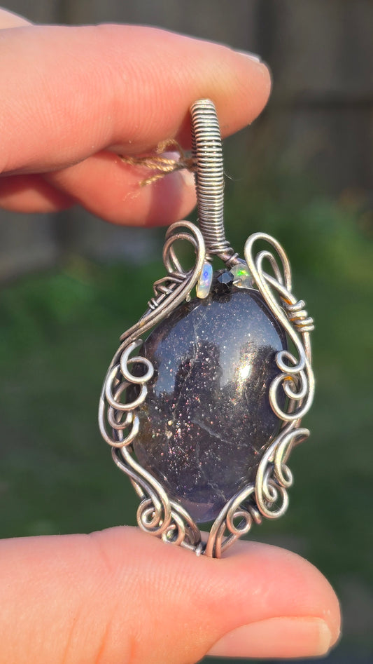 Iolite Sunstone Wire Wrapped Pendant