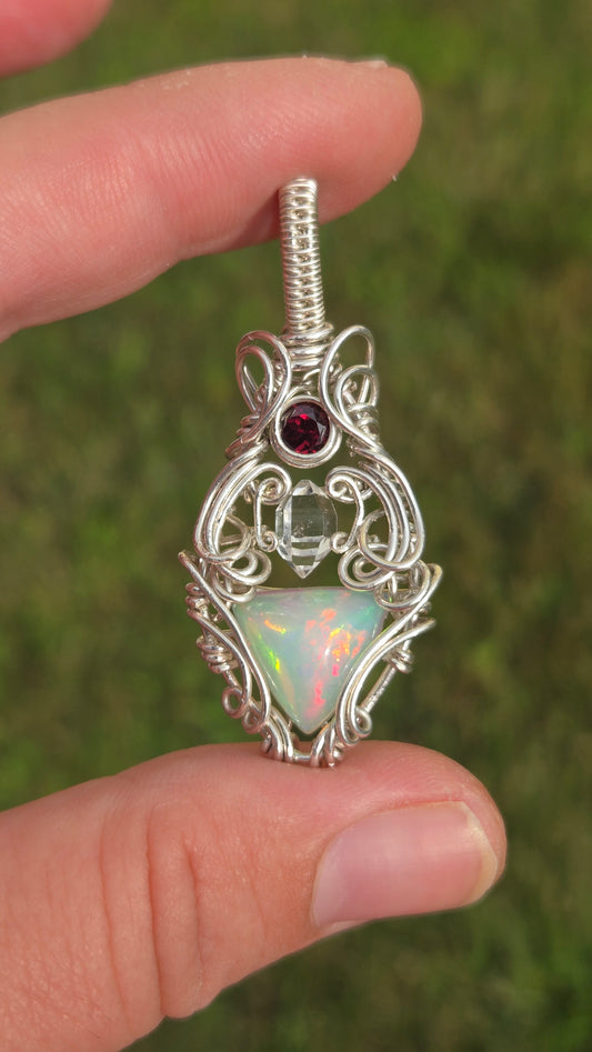 Opal, Zircon and Herkimer diamond Wire Wrapped Pendant