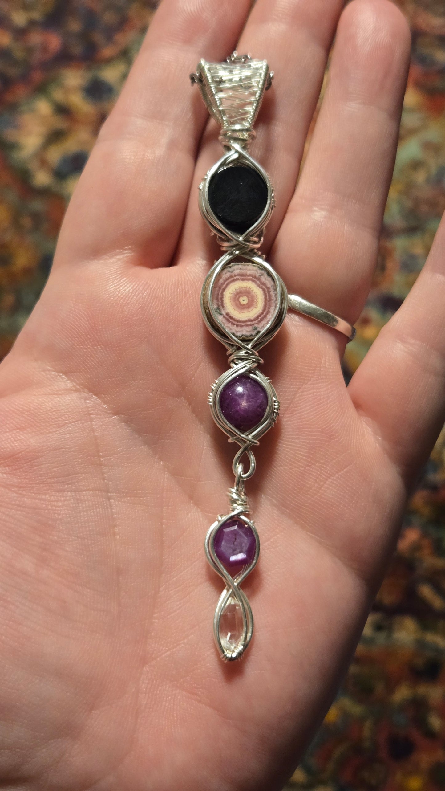 Mini scrying mirror wire-wrapped pendant